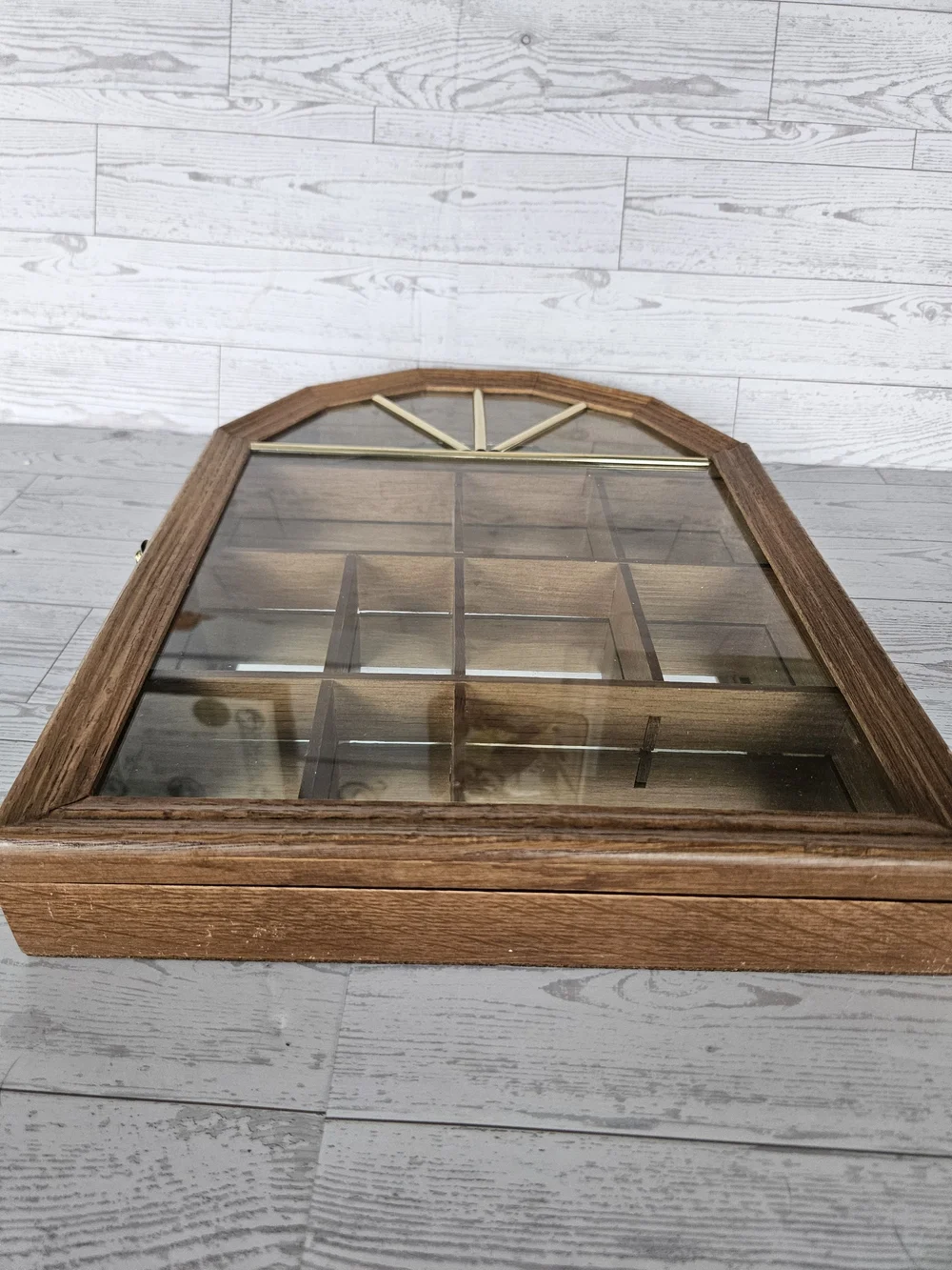 Vintage Oak Wall Curio Cabinet Mirrored Arched Display Case Shadow Box 24